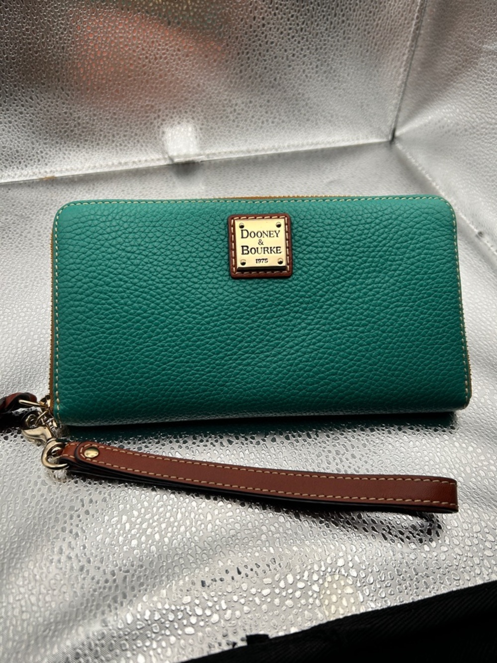 Dooney & Bourke Teal Zip Wristlet with Brown Strap